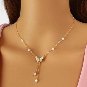 Butterfly Charm Necklace , Faux Pearl  Rhinestone Butterfly Charm Necklace